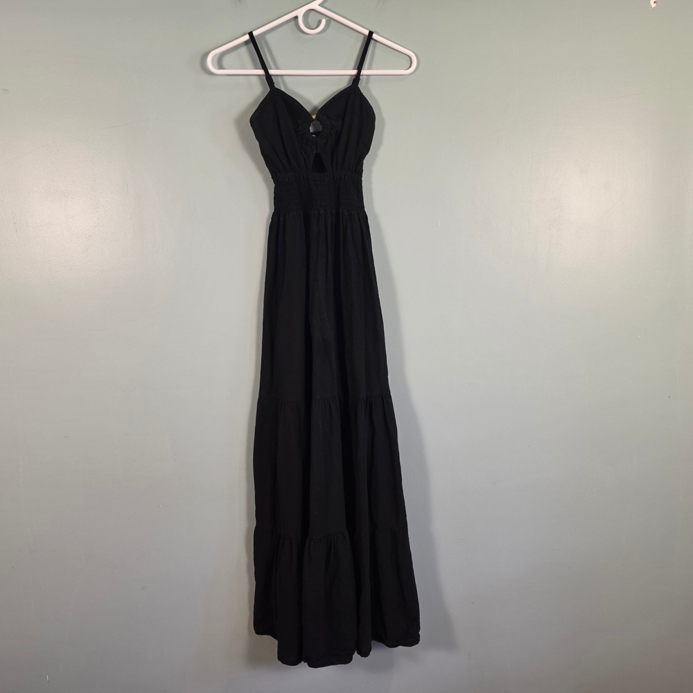 Blanco by Nature Black Smocked Maxi Dress Cutout Tiered Peru Small